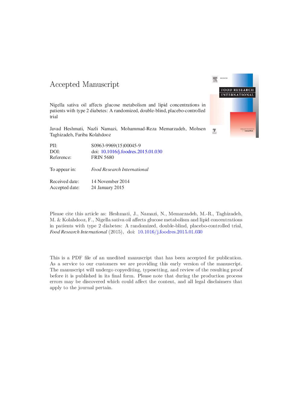 Nigella sativa oil affects glucose metabolism and lipid concentrations in patients with type 2 diabetes: A randomized, double-blind, placebo-controlled trial