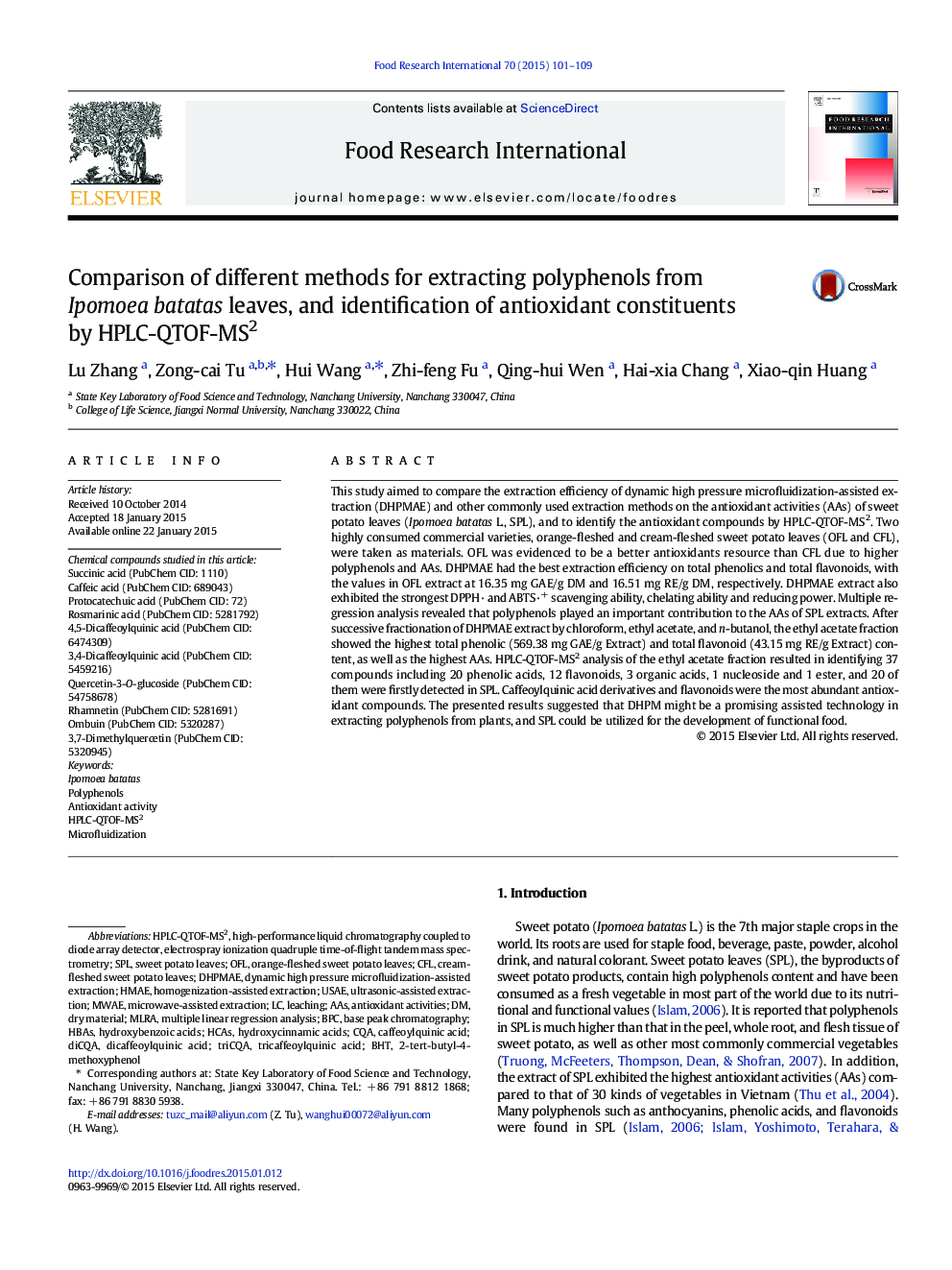 Comparison of different methods for extracting polyphenols from Ipomoea batatas leaves, and identification of antioxidant constituents by HPLC-QTOF-MS2