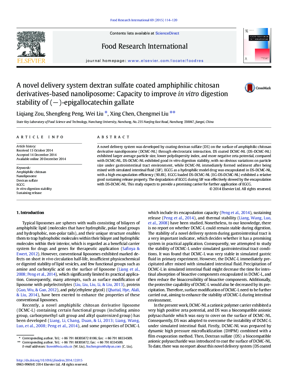 A novel delivery system dextran sulfate coated amphiphilic chitosan derivatives-based nanoliposome: Capacity to improve in vitro digestion stability of (â)-epigallocatechin gallate