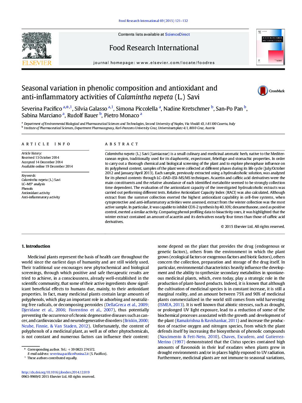 Seasonal variation in phenolic composition and antioxidant and anti-inflammatory activities of Calamintha nepeta (L.) Savi