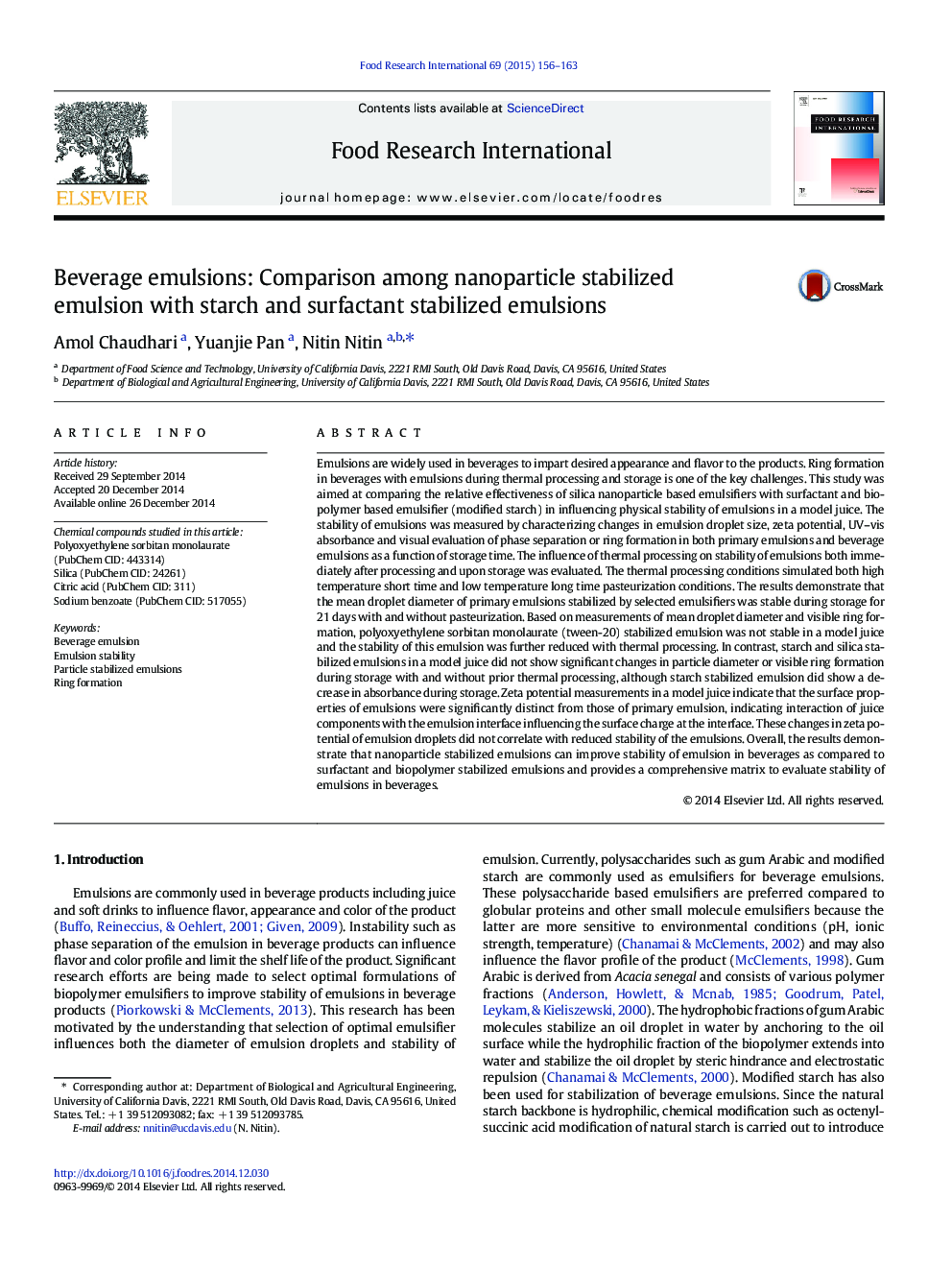 Beverage emulsions: Comparison among nanoparticle stabilized emulsion with starch and surfactant stabilized emulsions