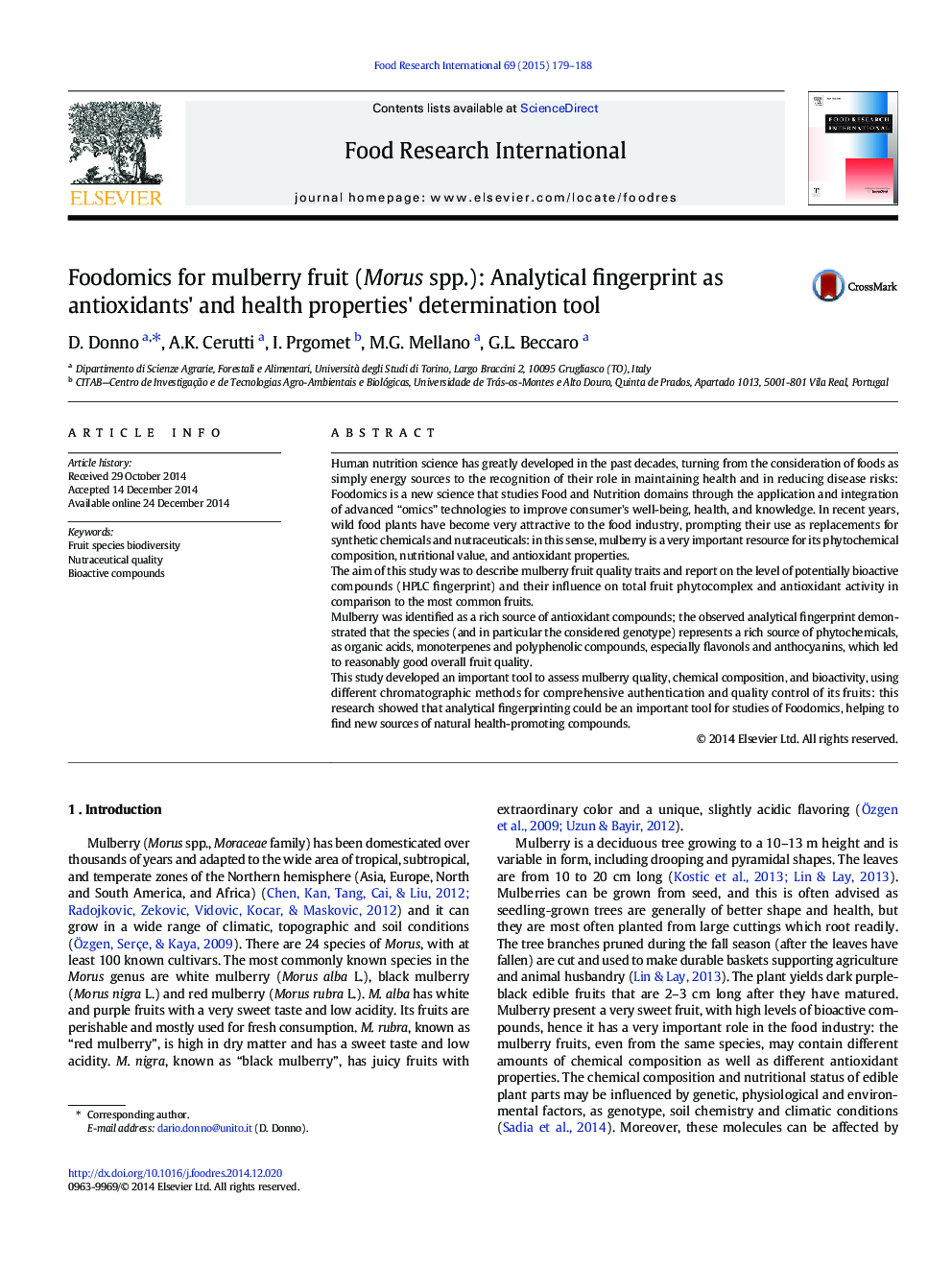 Foodomics for mulberry fruit (Morus spp.): Analytical fingerprint as antioxidants' and health properties' determination tool