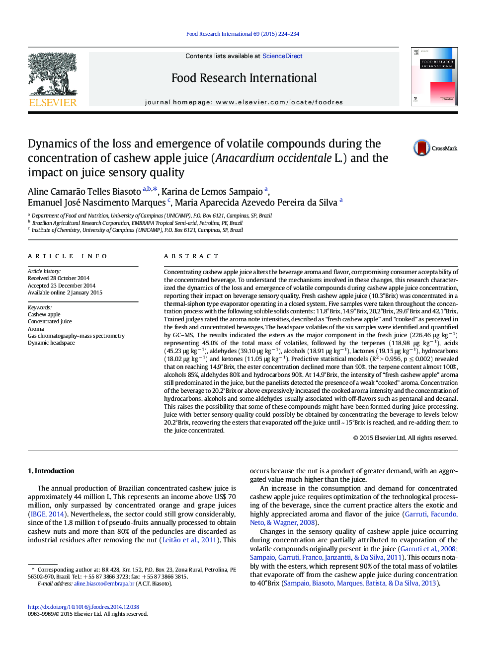 Dynamics of the loss and emergence of volatile compounds during the concentration of cashew apple juice (Anacardium occidentale L.) and the impact on juice sensory quality