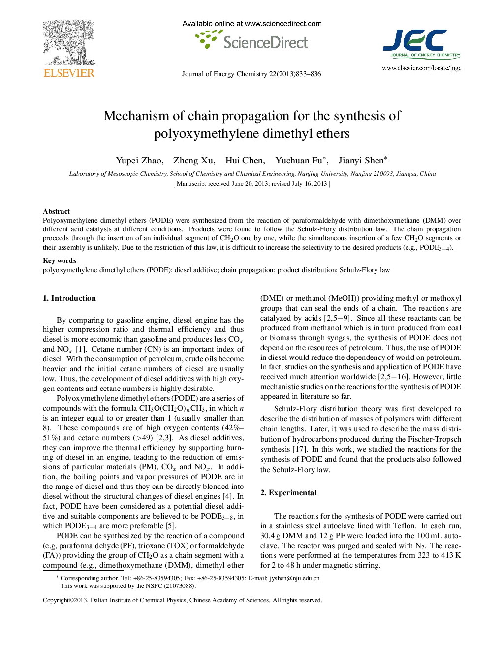 Mechanism of chain propagation for the synthesis of polyoxymethylene dimethyl ethers 