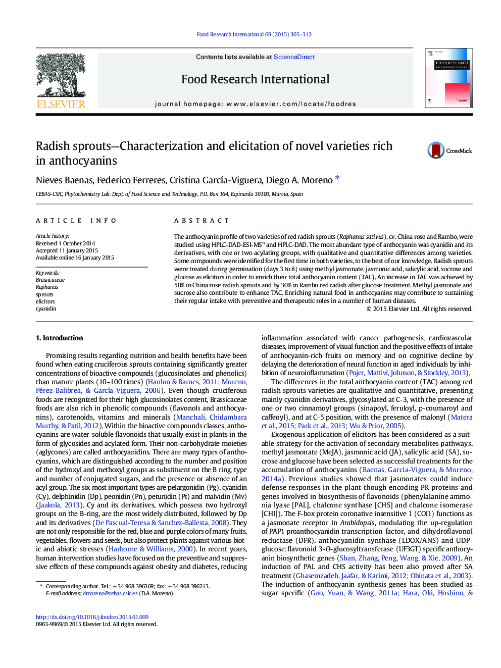 Radish sprouts-Characterization and elicitation of novel varieties rich in anthocyanins