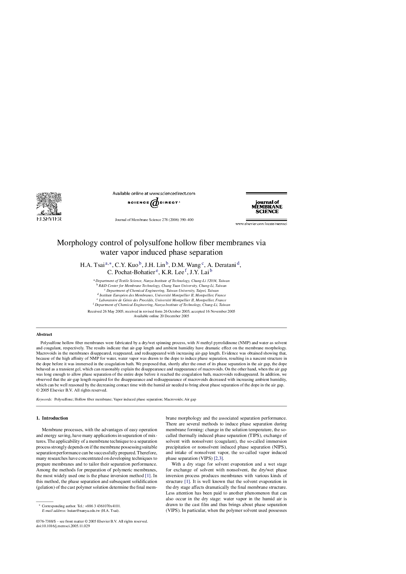 Morphology control of polysulfone hollow fiber membranes via water vapor induced phase separation