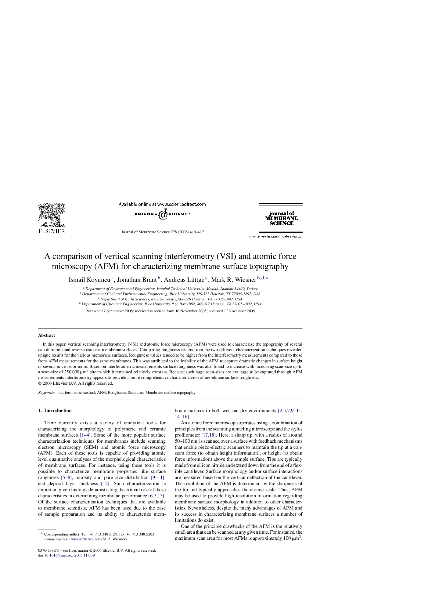 A comparison of vertical scanning interferometry (VSI) and atomic force microscopy (AFM) for characterizing membrane surface topography