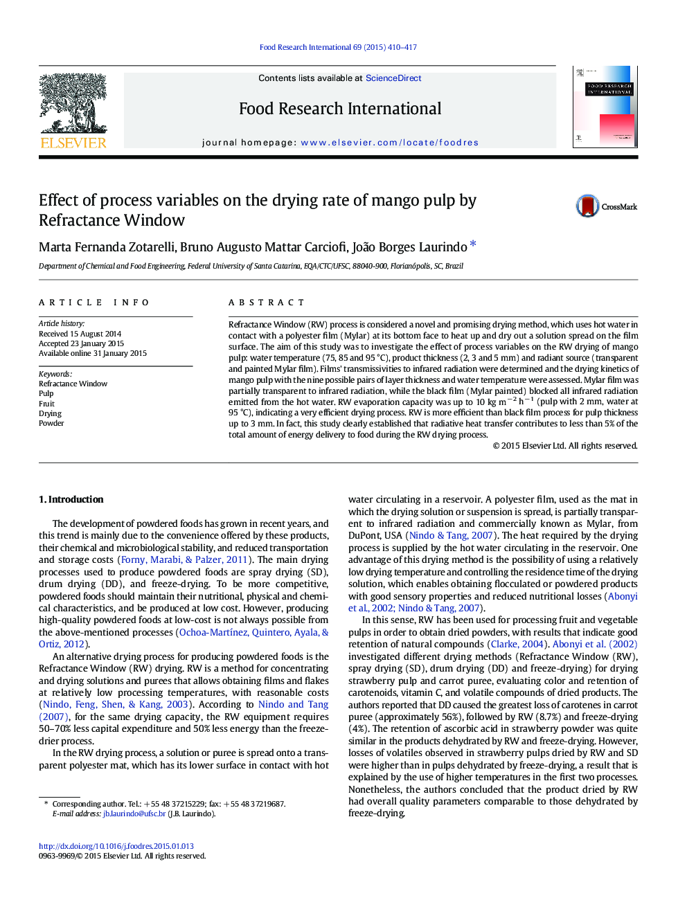 Effect of process variables on the drying rate of mango pulp by Refractance Window