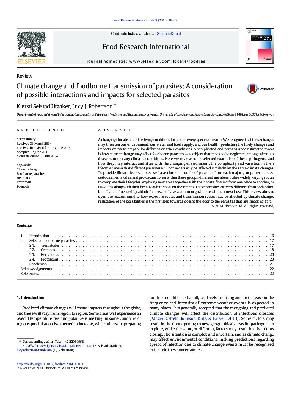 ReviewClimate change and foodborne transmission of parasites: A consideration of possible interactions and impacts for selected parasites