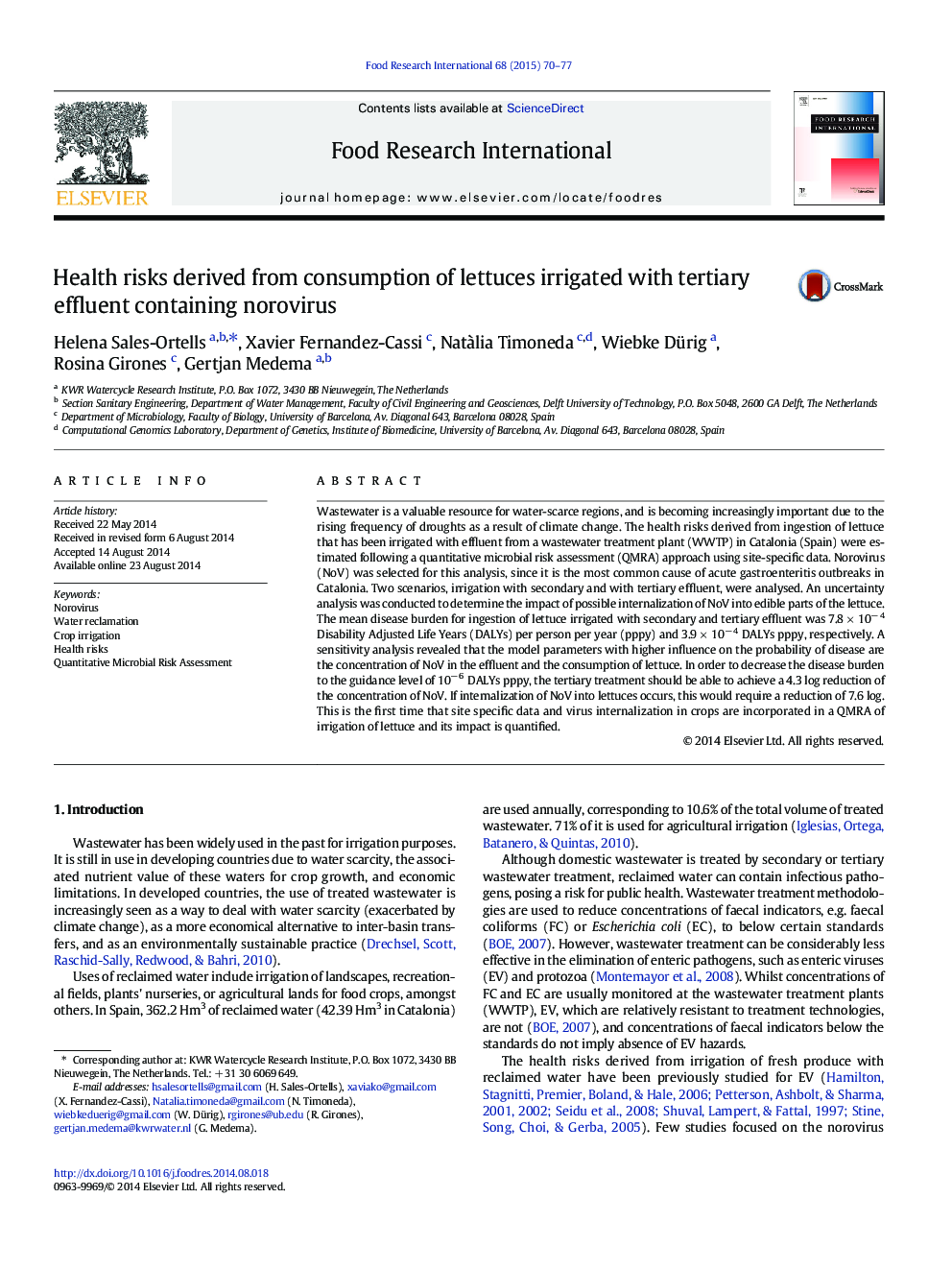 Health risks derived from consumption of lettuces irrigated with tertiary effluent containing norovirus