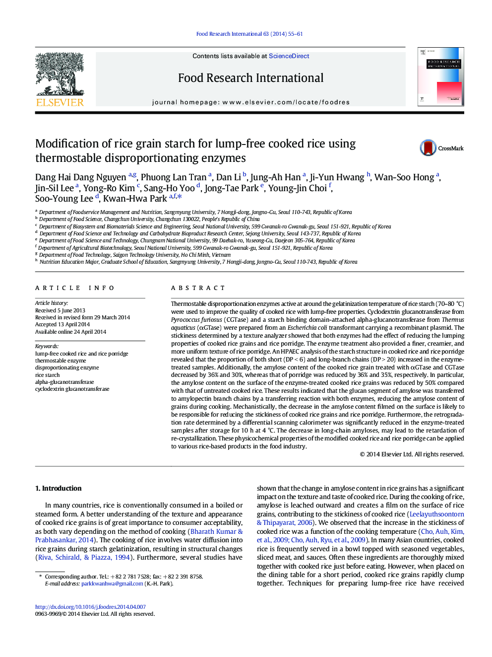 Modification of rice grain starch for lump-free cooked rice using thermostable disproportionating enzymes