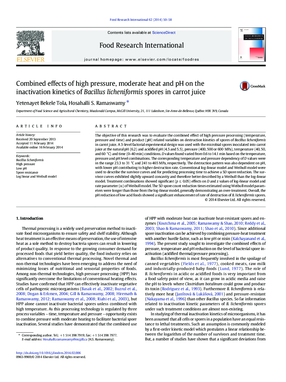 Combined effects of high pressure, moderate heat and pH on the inactivation kinetics of Bacillus licheniformis spores in carrot juice