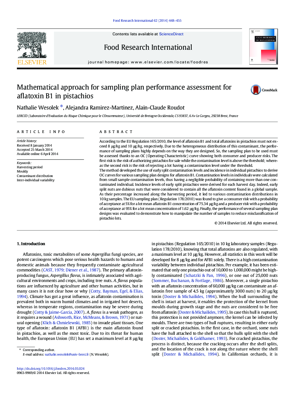 Mathematical approach for sampling plan performance assessment for aflatoxin B1 in pistachios