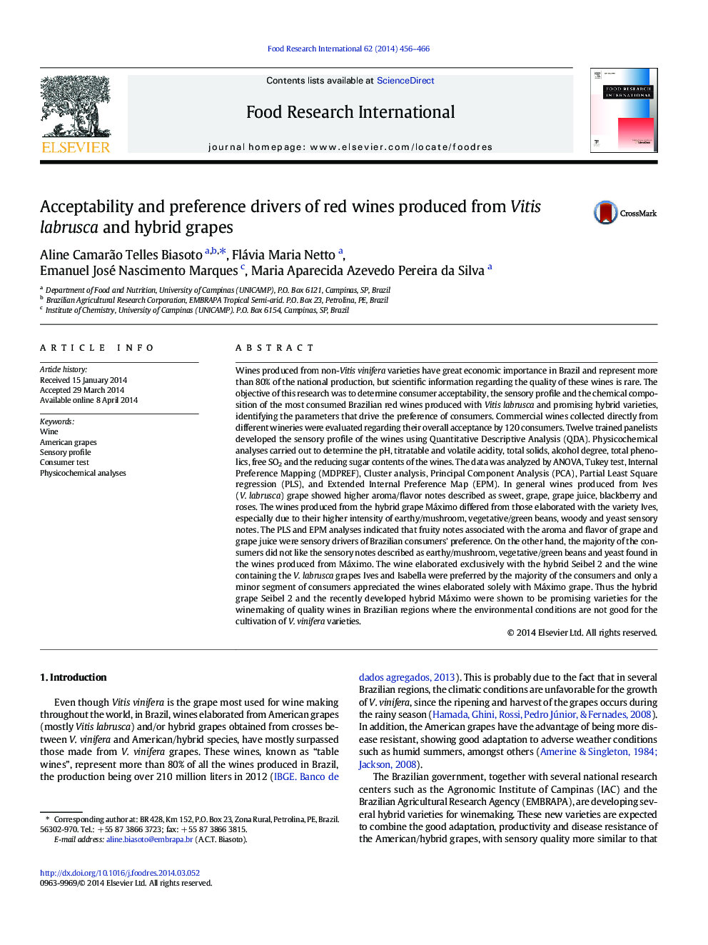 Acceptability and preference drivers of red wines produced from Vitis labrusca and hybrid grapes