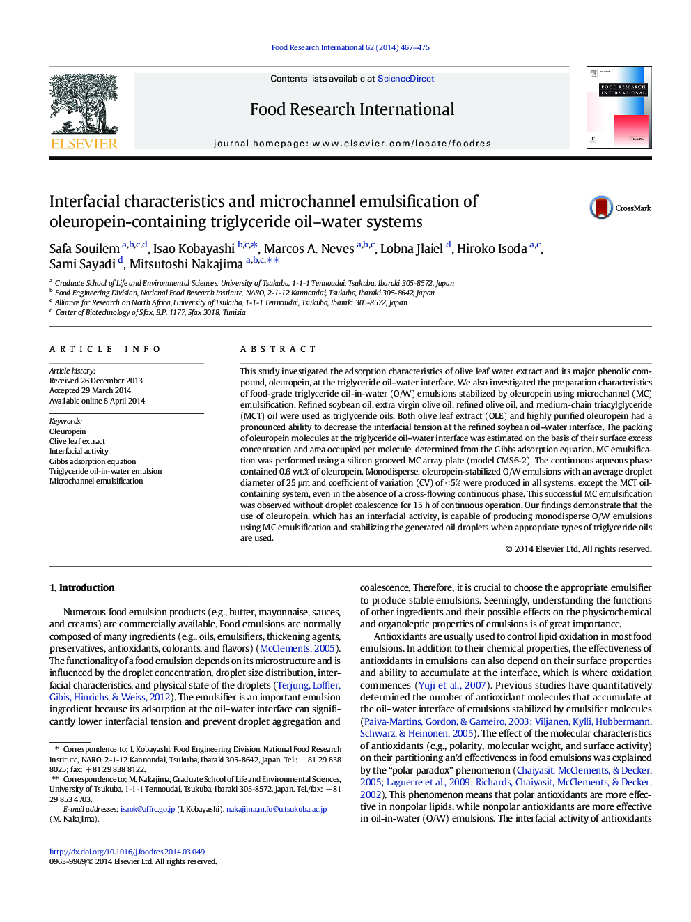 Interfacial characteristics and microchannel emulsification of oleuropein-containing triglyceride oil-water systems