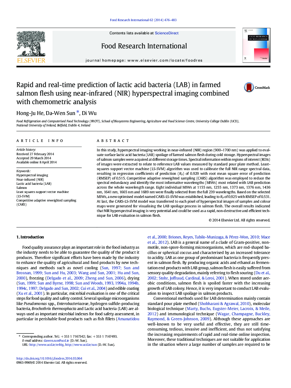 Rapid and real-time prediction of lactic acid bacteria (LAB) in farmed salmon flesh using near-infrared (NIR) hyperspectral imaging combined with chemometric analysis