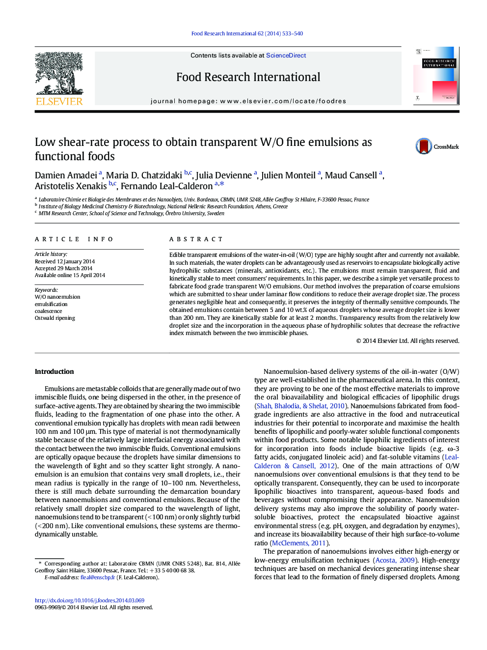 Low shear-rate process to obtain transparent W/O fine emulsions as functional foods