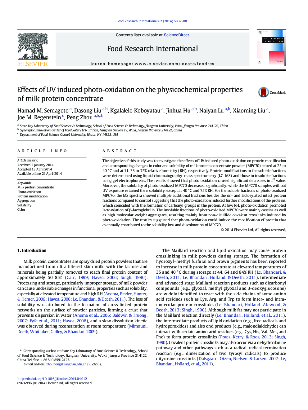 Effects of UV induced photo-oxidation on the physicochemical properties of milk protein concentrate