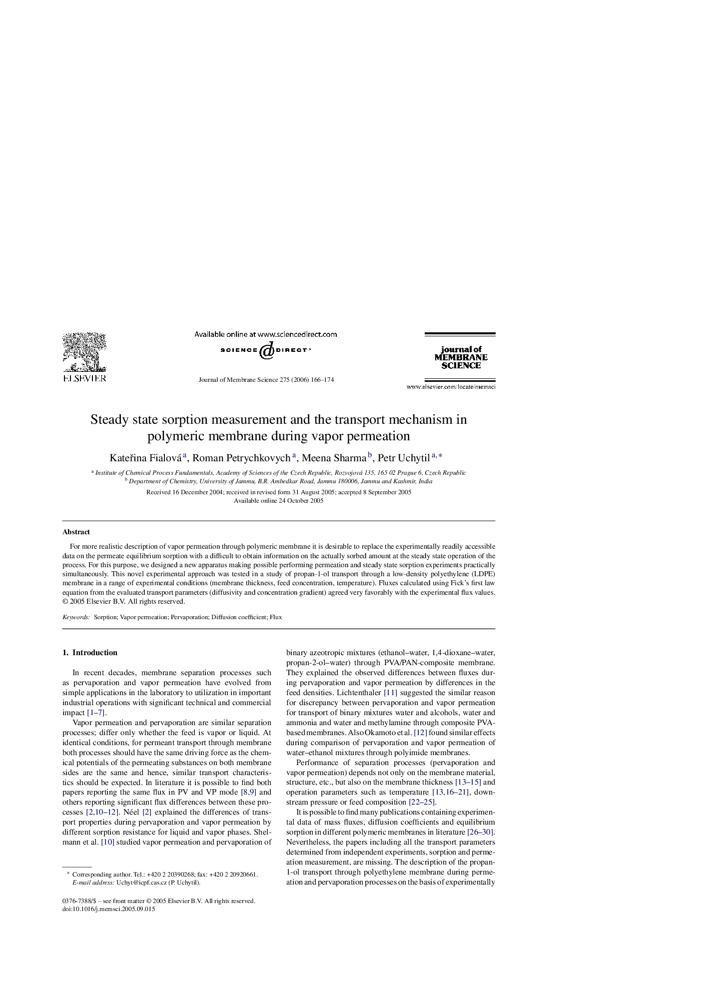 Steady state sorption measurement and the transport mechanism in polymeric membrane during vapor permeation