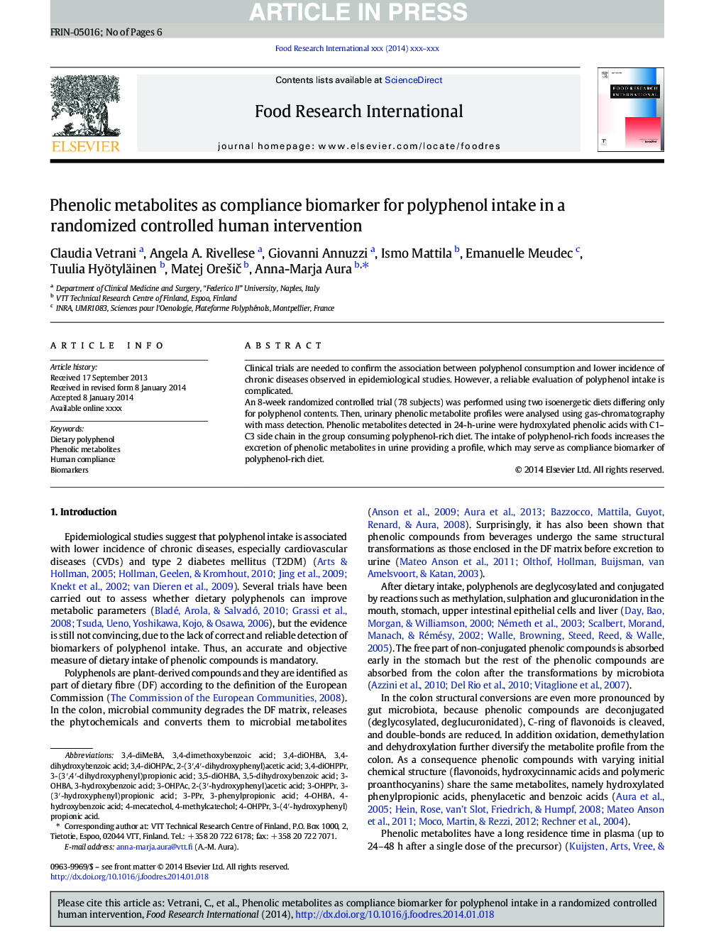 Phenolic metabolites as compliance biomarker for polyphenol intake in a randomized controlled human intervention