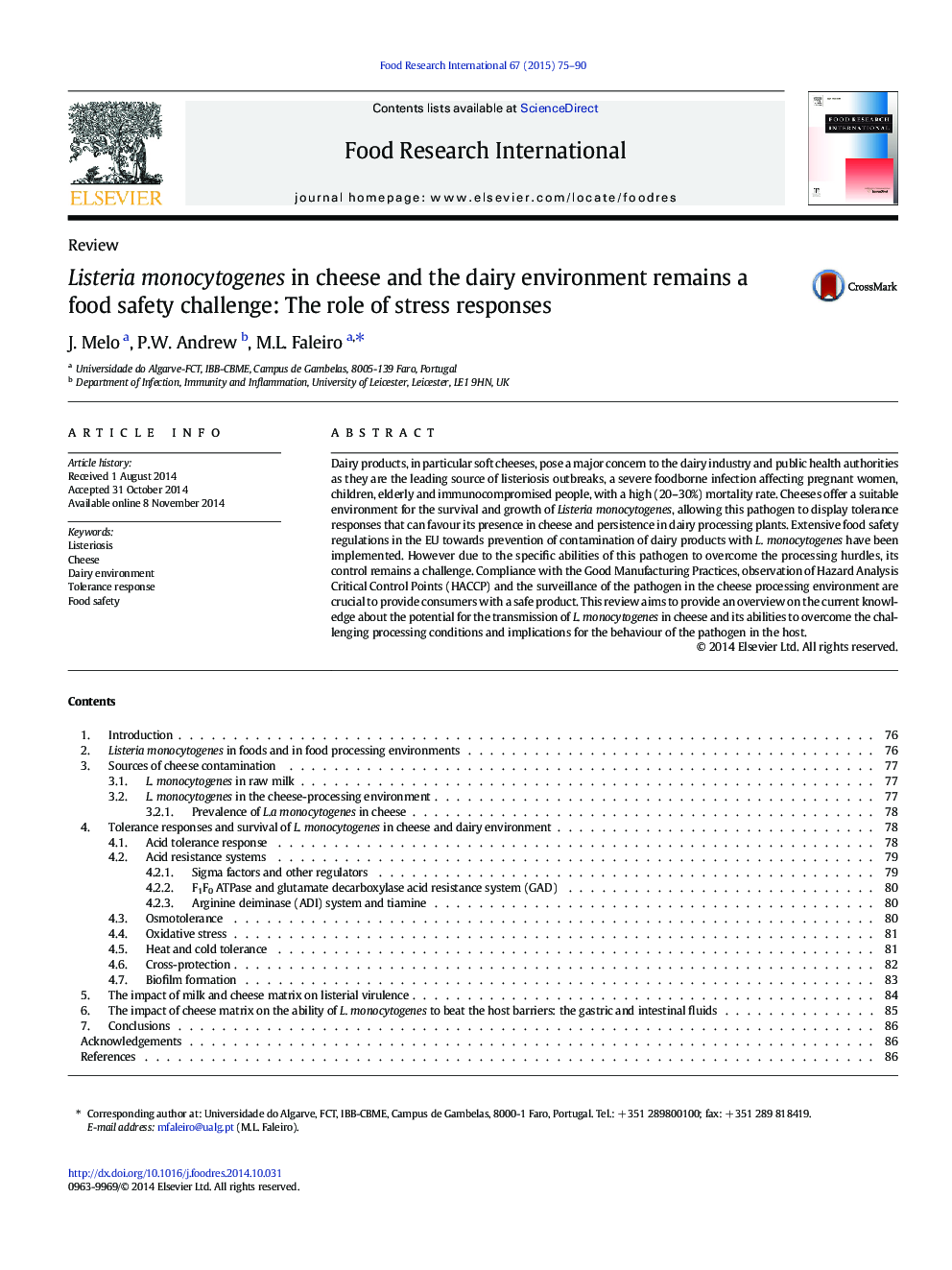 ReviewListeria monocytogenes in cheese and the dairy environment remains a food safety challenge: The role of stress responses