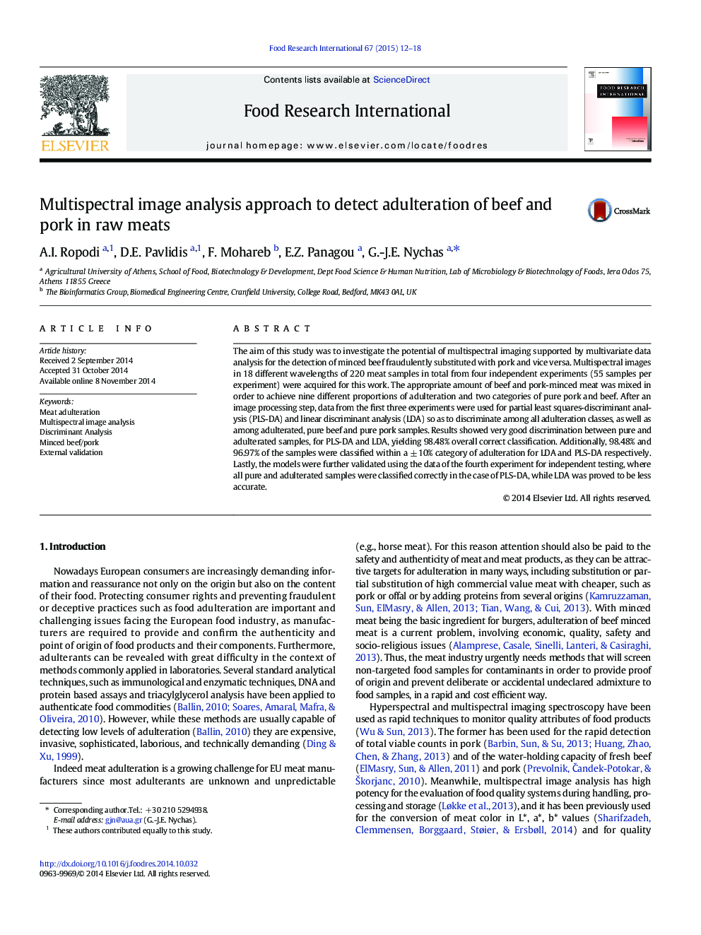 Multispectral image analysis approach to detect adulteration of beef and pork in raw meats