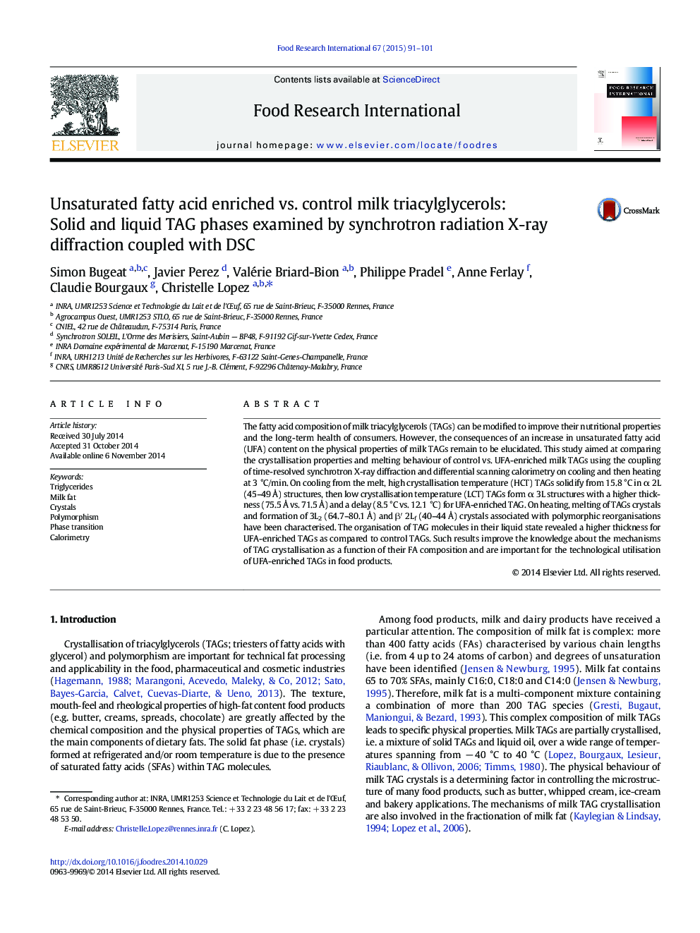 Unsaturated fatty acid enriched vs. control milk triacylglycerols: Solid and liquid TAG phases examined by synchrotron radiation X-ray diffraction coupled with DSC