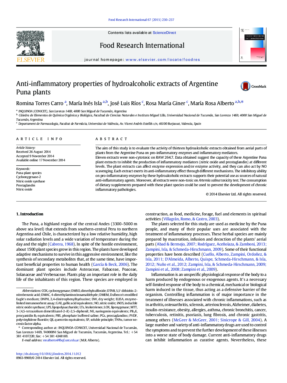 Anti-inflammatory properties of hydroalcoholic extracts of Argentine Puna plants