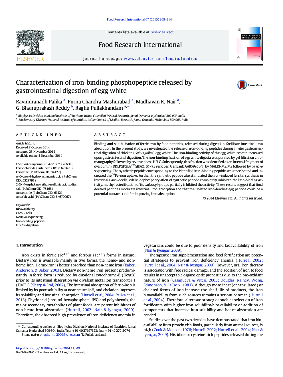 Characterization of iron-binding phosphopeptide released by gastrointestinal digestion of egg white