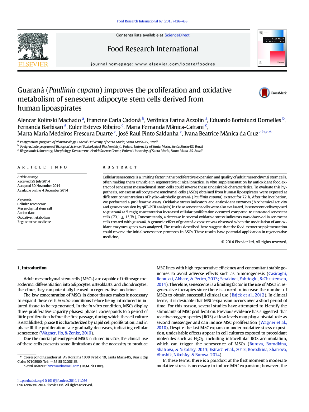 Guaraná (Paullinia cupana) improves the proliferation and oxidative metabolism of senescent adipocyte stem cells derived from human lipoaspirates