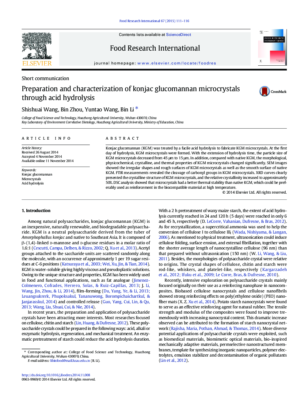 Preparation and characterization of konjac glucomannan microcrystals through acid hydrolysis