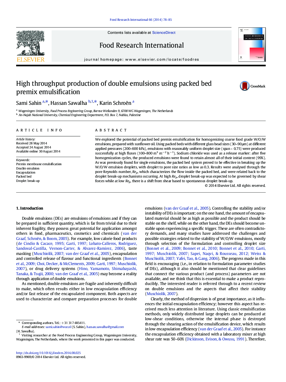 High throughput production of double emulsions using packed bed premix emulsification