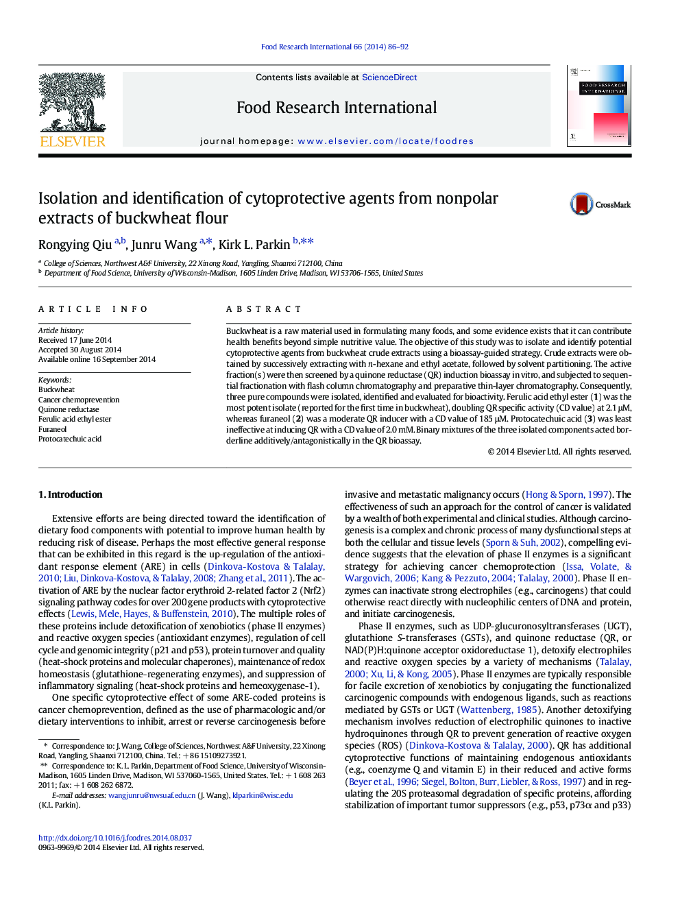 Isolation and identification of cytoprotective agents from nonpolar extracts of buckwheat flour