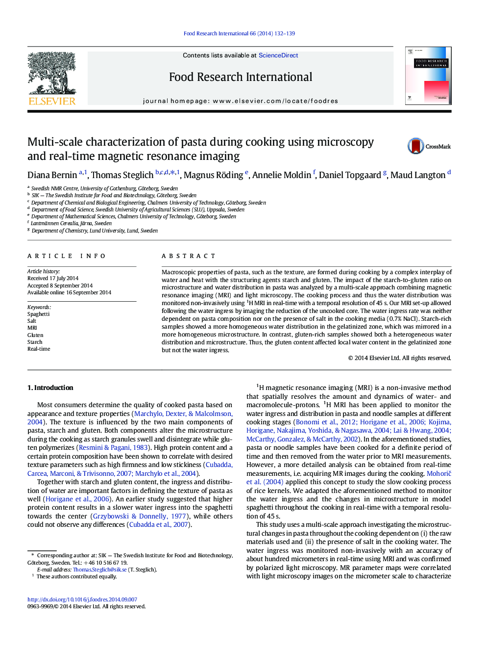 Multi-scale characterization of pasta during cooking using microscopy and real-time magnetic resonance imaging