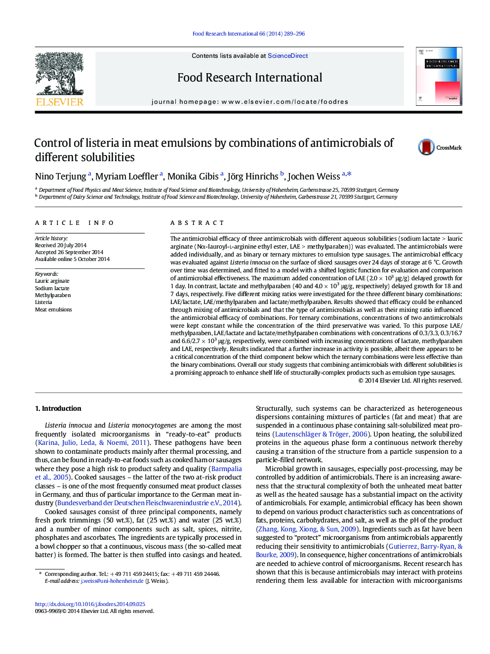 Control of listeria in meat emulsions by combinations of antimicrobials of different solubilities