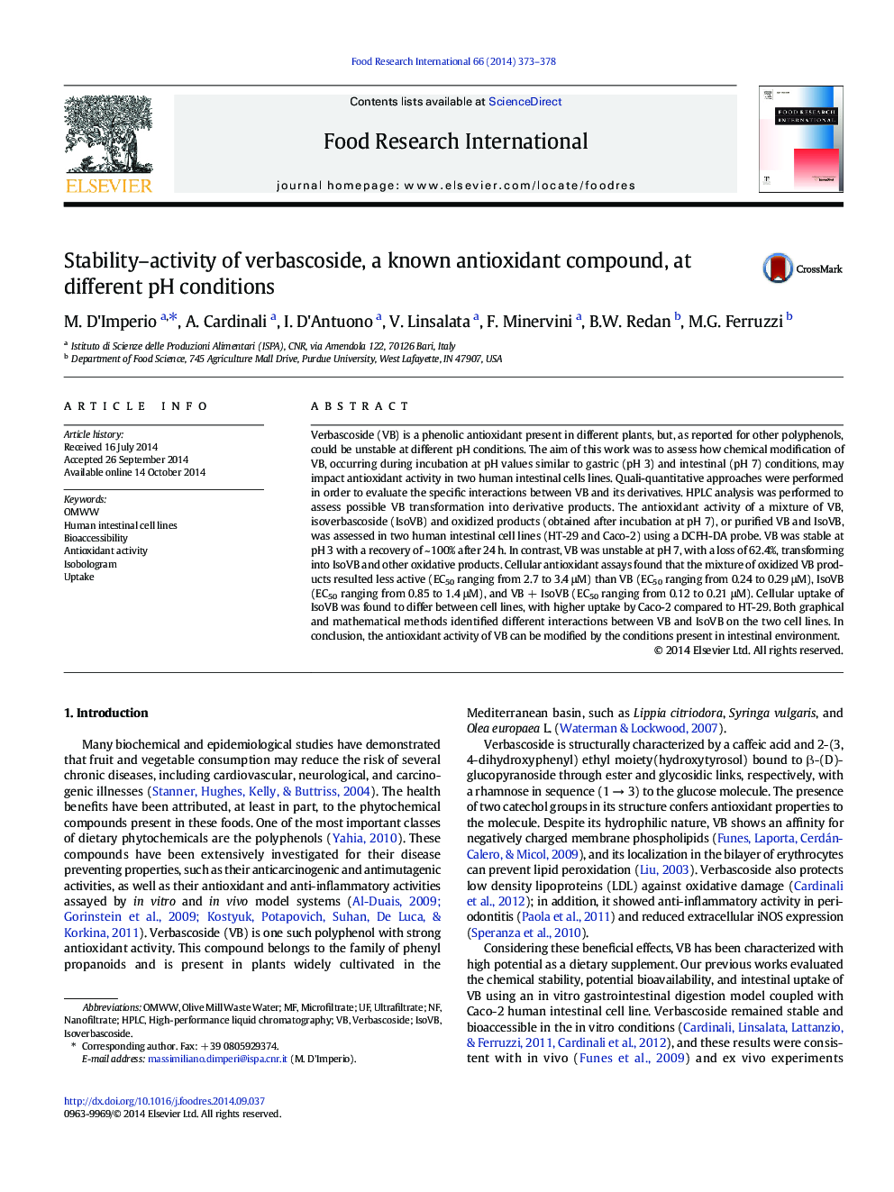 Stability-activity of verbascoside, a known antioxidant compound, at different pH conditions