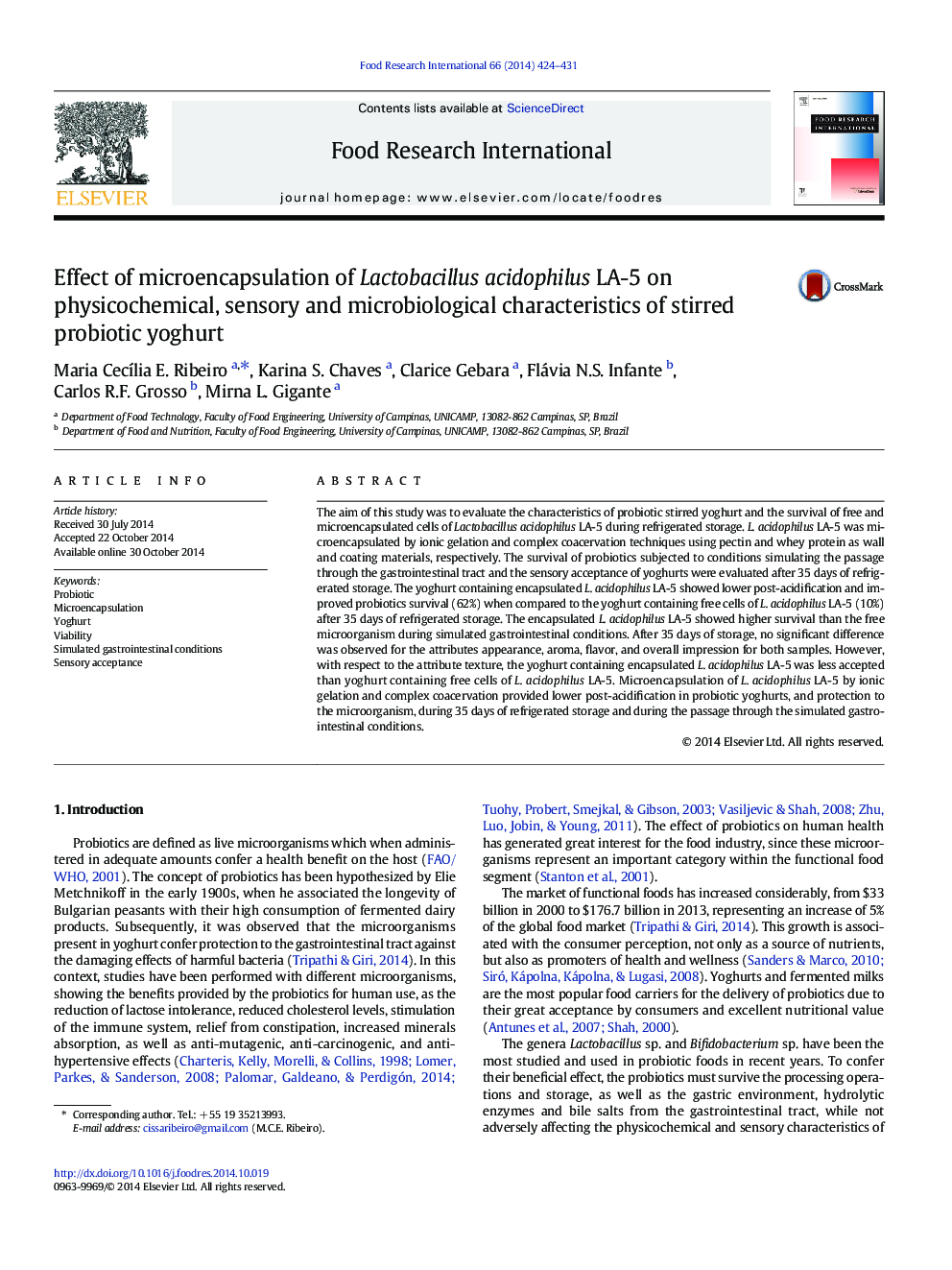 Effect of microencapsulation of Lactobacillus acidophilus LA-5 on physicochemical, sensory and microbiological characteristics of stirred probiotic yoghurt