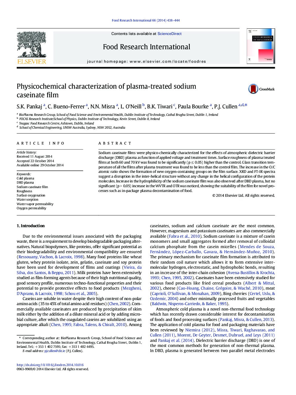 Physicochemical characterization of plasma-treated sodium caseinate film