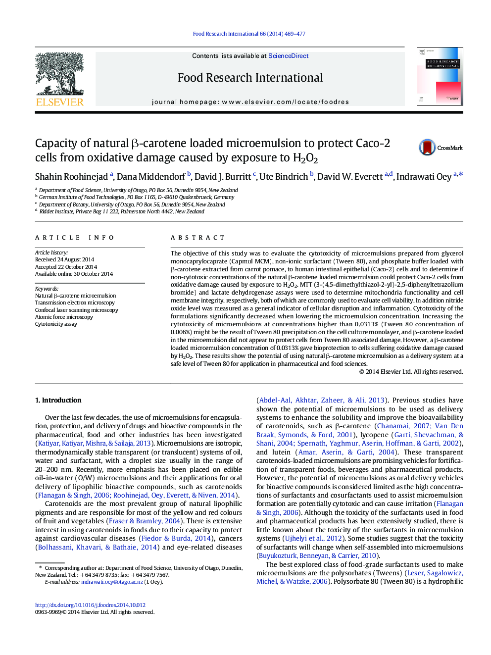 Capacity of natural Î²-carotene loaded microemulsion to protect Caco-2 cells from oxidative damage caused by exposure to H2O2