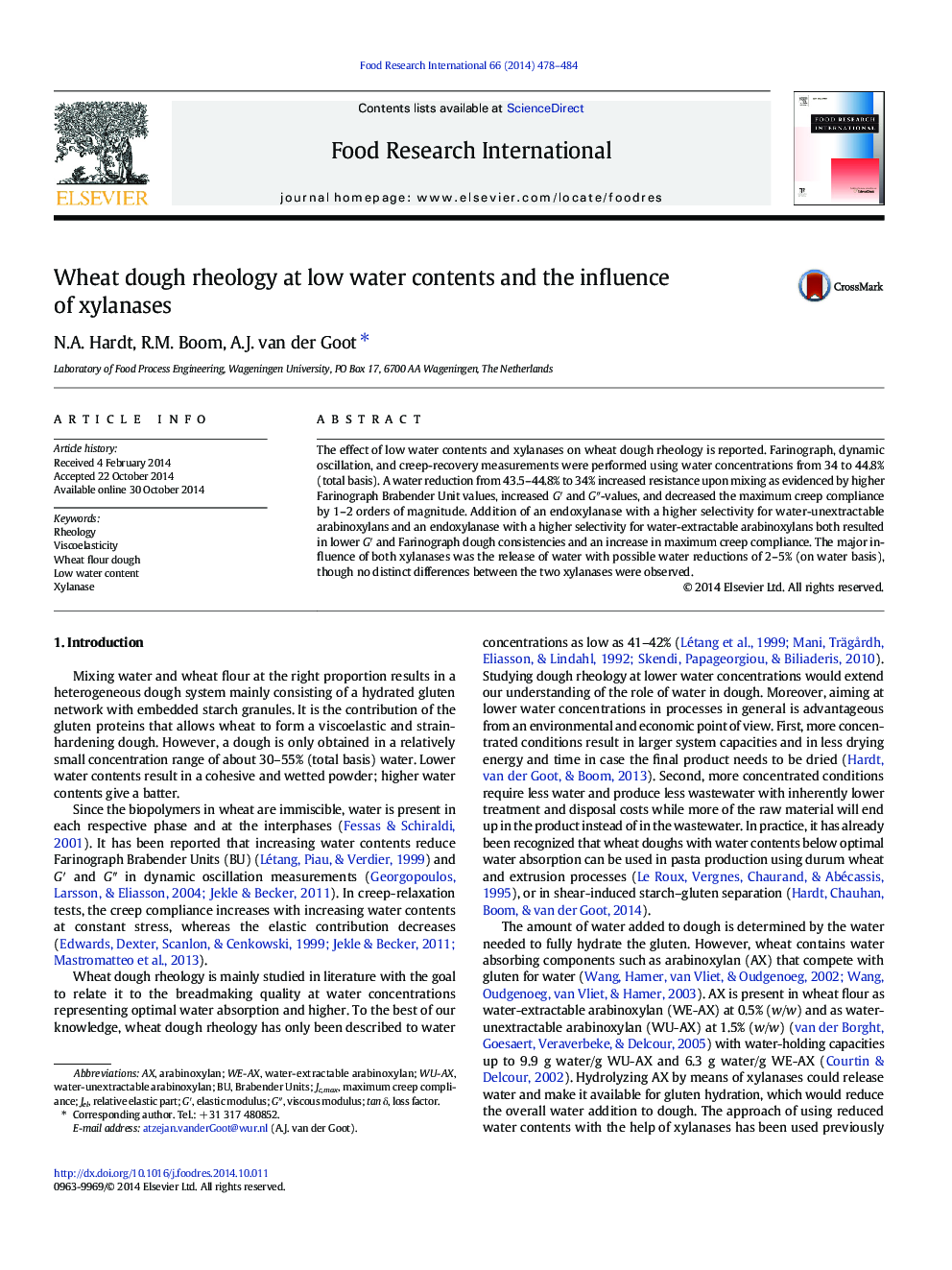 Wheat dough rheology at low water contents and the influence of xylanases