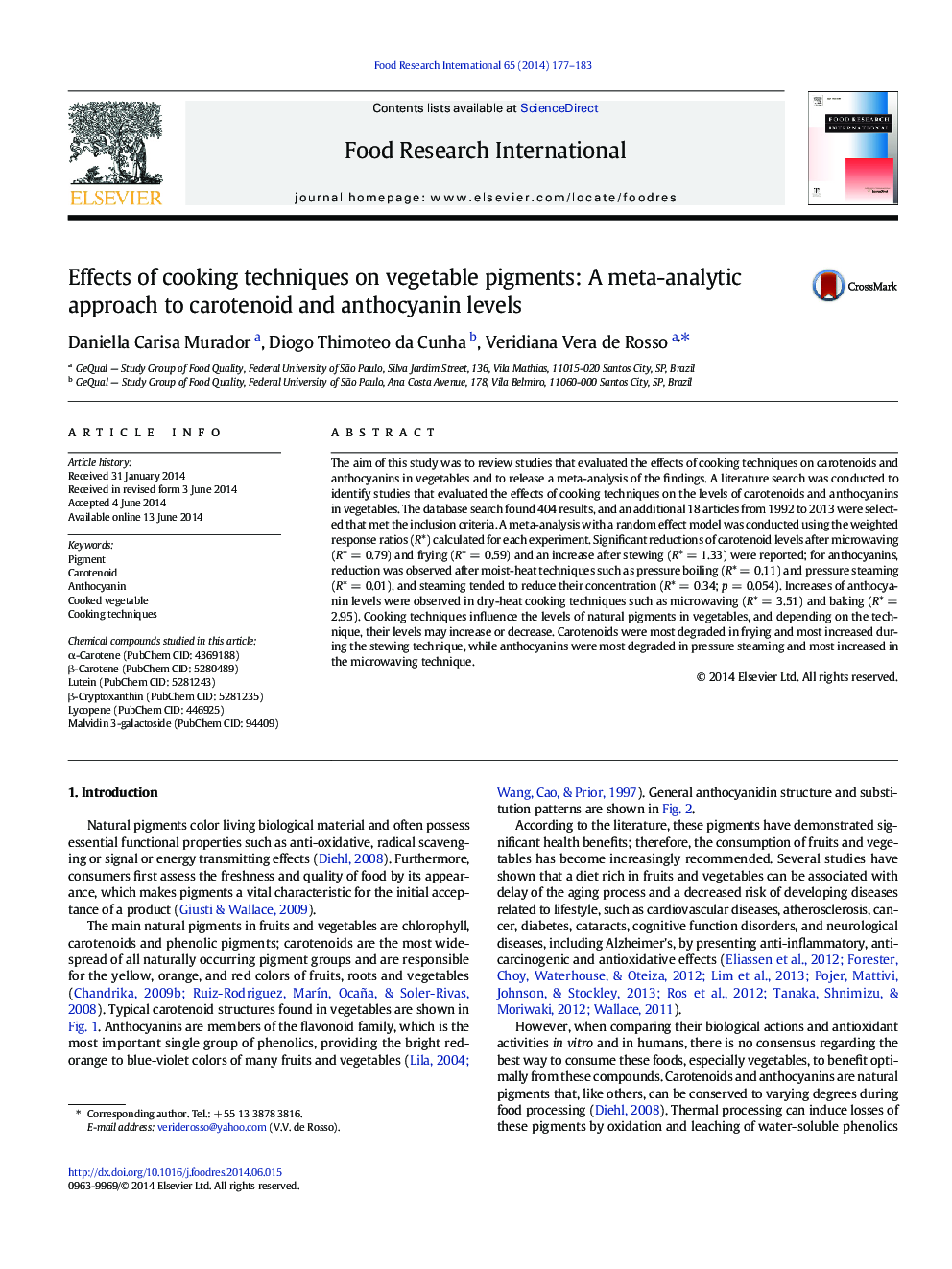 Effects of cooking techniques on vegetable pigments: A meta-analytic approach to carotenoid and anthocyanin levels