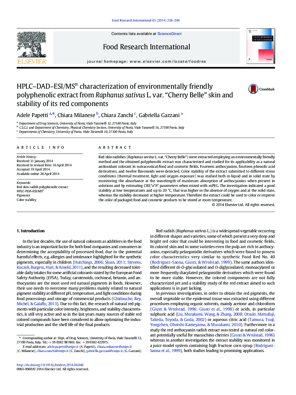 HPLC-DAD-ESI/MSn characterization of environmentally friendly polyphenolic extract from Raphanus sativus L. var. “Cherry Belle” skin and stability of its red components