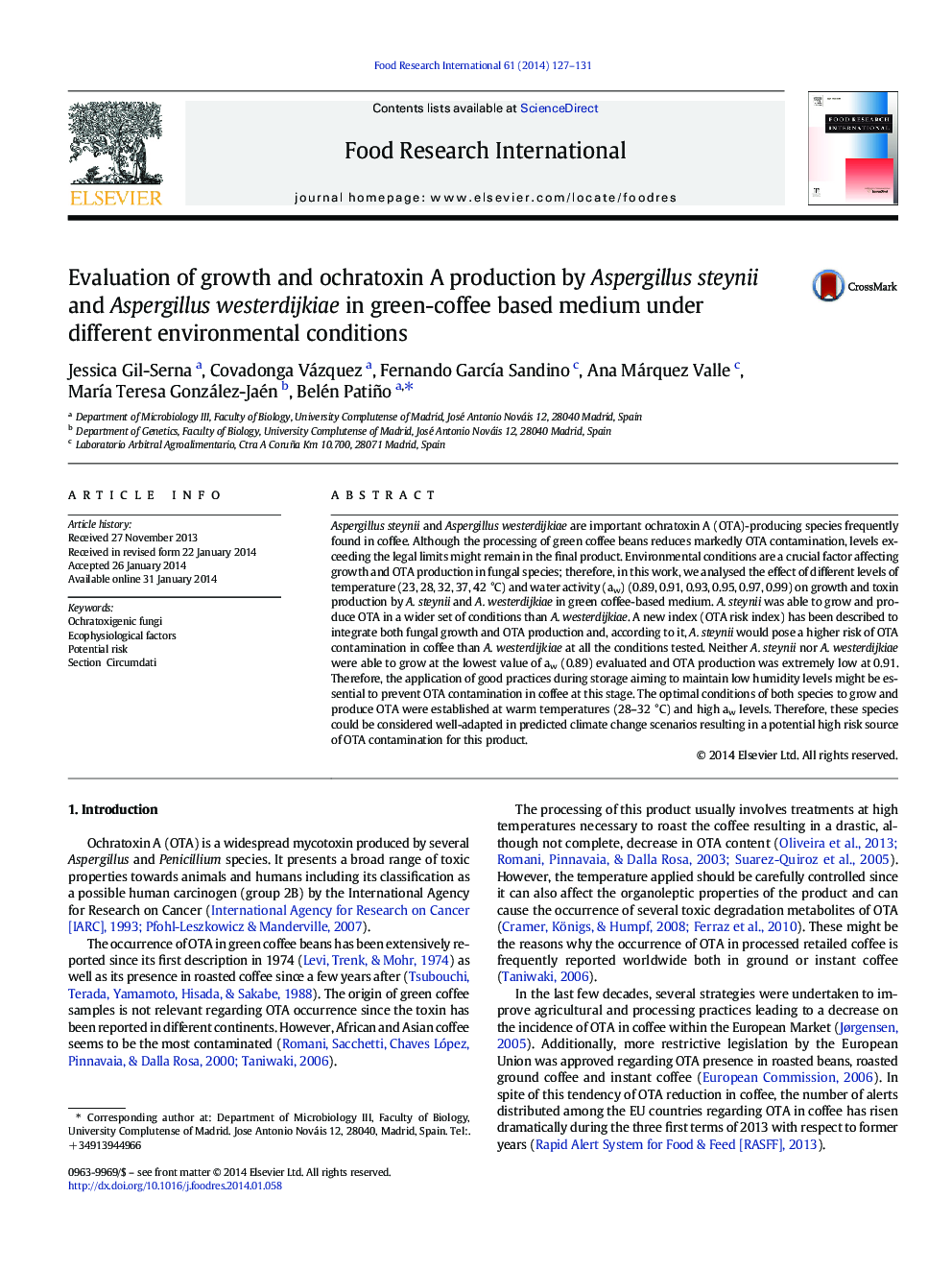 Evaluation of growth and ochratoxin A production by Aspergillus steynii and Aspergillus westerdijkiae in green-coffee based medium under different environmental conditions