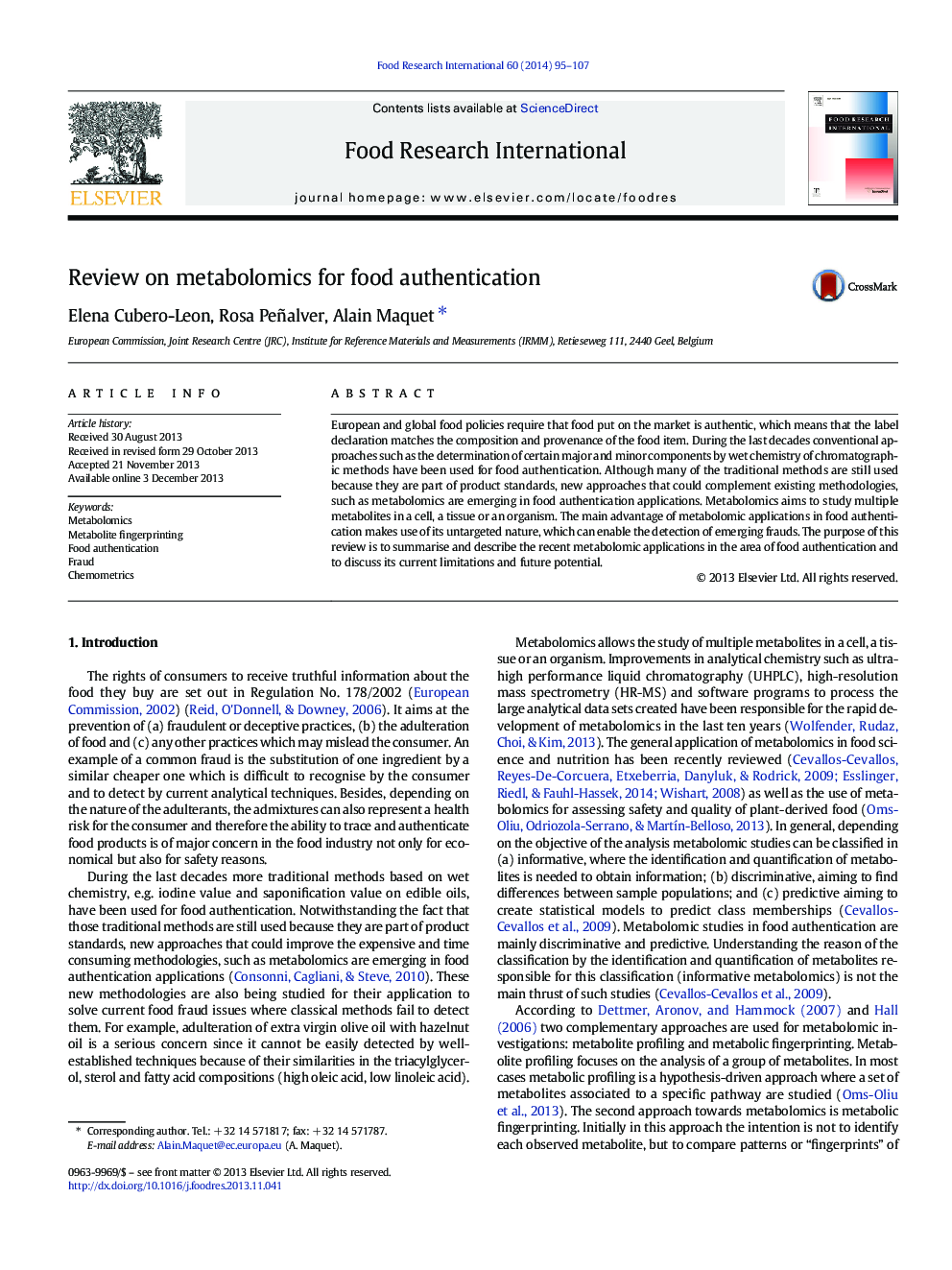 Review on metabolomics for food authentication