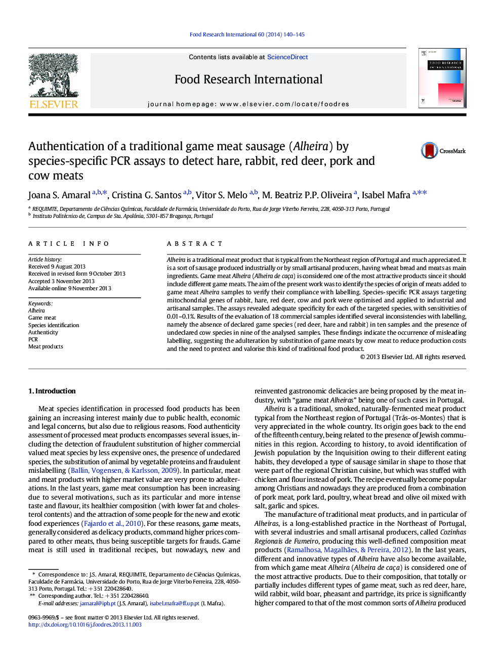 Authentication of a traditional game meat sausage (Alheira) by species-specific PCR assays to detect hare, rabbit, red deer, pork and cow meats