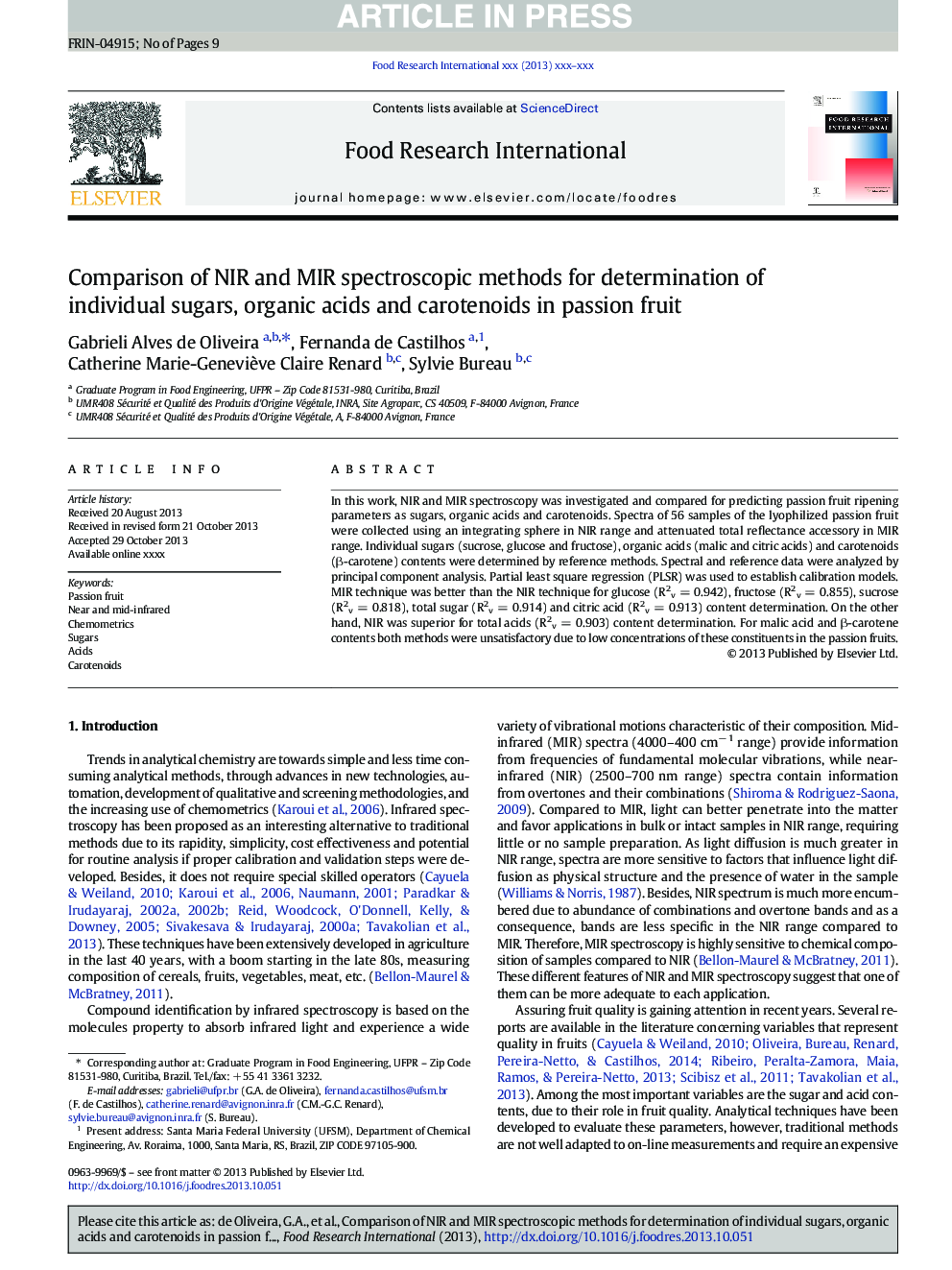 Comparison of NIR and MIR spectroscopic methods for determination of individual sugars, organic acids and carotenoids in passion fruit