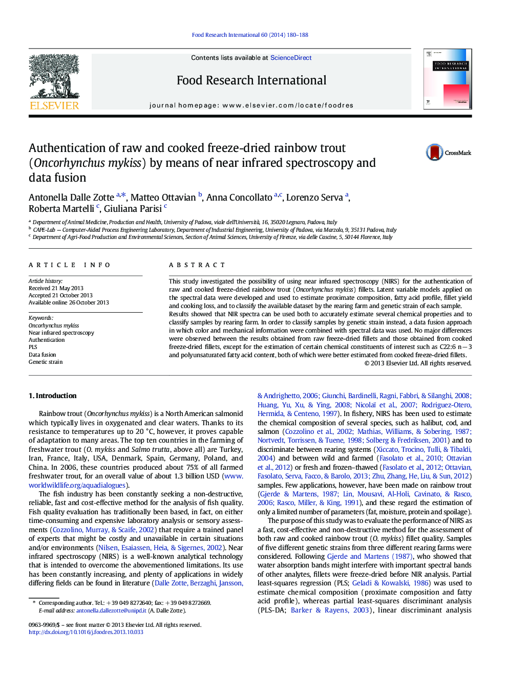 Authentication of raw and cooked freeze-dried rainbow trout (Oncorhynchus mykiss) by means of near infrared spectroscopy and data fusion