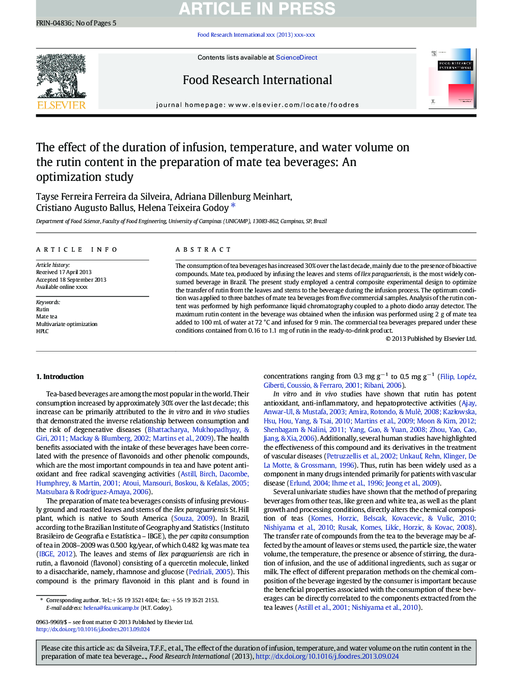 The effect of the duration of infusion, temperature, and water volume on the rutin content in the preparation of mate tea beverages: An optimization study