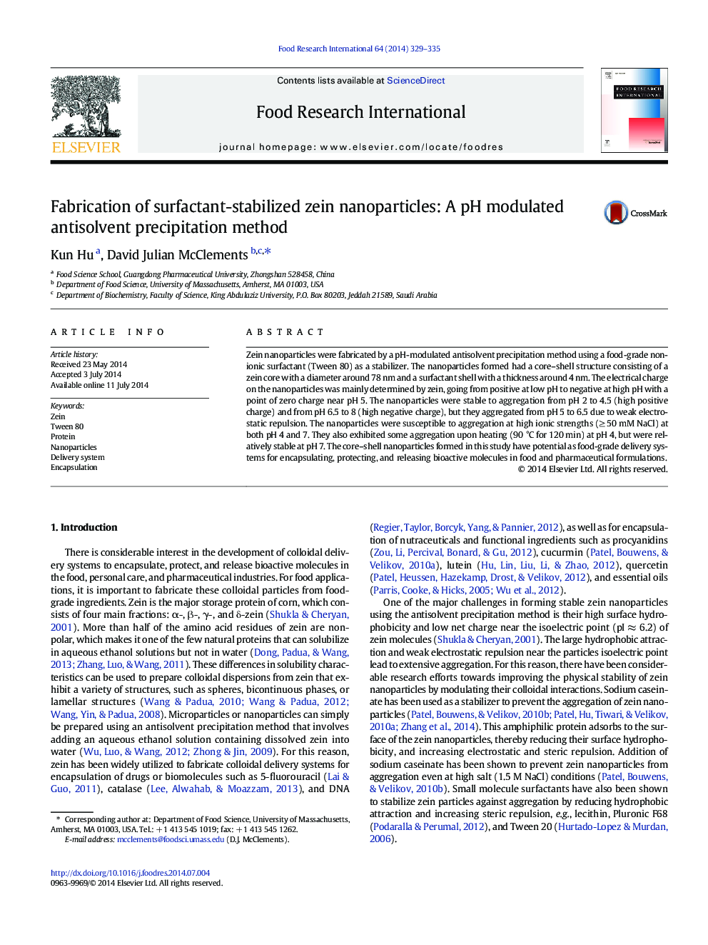 Fabrication of surfactant-stabilized zein nanoparticles: A pH modulated antisolvent precipitation method