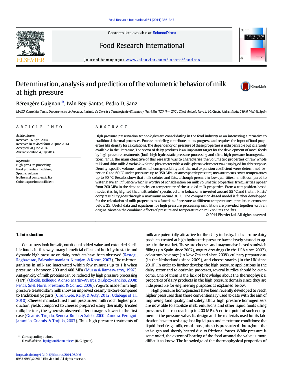 Determination, analysis and prediction of the volumetric behavior of milk at high pressure